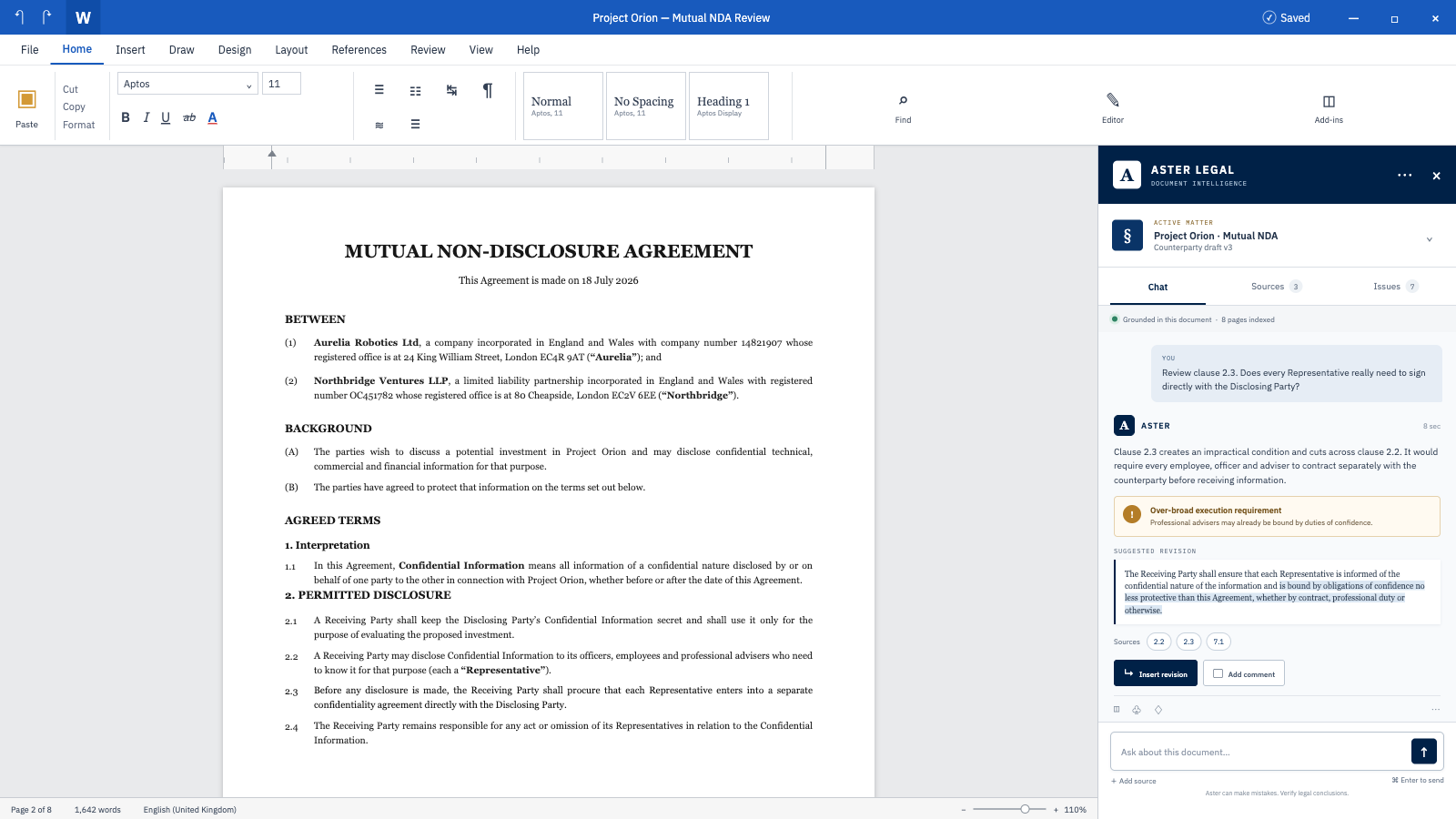 Legal AI agent product interface
